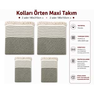 Pamuklu Kaymaz Hasır Dokuma Kolları Örten Maxi Takım Koltuk Örtüsü (3+3+1+1) - Haki Yeşili