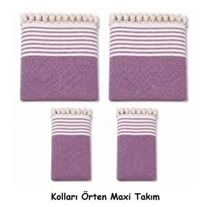 Pamuklu Kaymaz Hasır Dokuma Kolları Örten Maxi Takım Koltuk Örtüsü (3+3+1+1) - Leylak