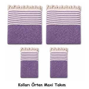 Pamuklu Kaymaz Hasır Dokuma Kolları Örten Maxi Takım Koltuk Örtüsü (3+3+1+1) - Mor