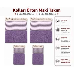 Pamuklu Kaymaz Hasır Dokuma Kolları Örten Maxi Takım Koltuk Örtüsü (3+3+1+1) - Mor