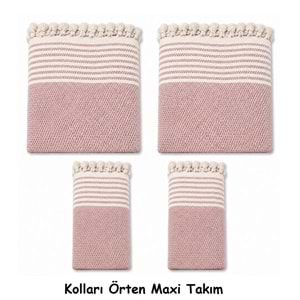 Pamuklu Kaymaz Hasır Dokuma Kolları Örten Maxi Takım Koltuk Örtüsü (3+3+1+1) - Pudra