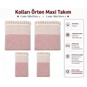 Pamuklu Kaymaz Hasır Dokuma Kolları Örten Maxi Takım Koltuk Örtüsü (3+3+1+1) - Pudra