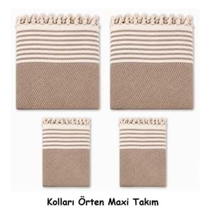 Pamuklu Kaymaz Hasır Dokuma Kolları Örten Maxi Takım Koltuk Örtüsü (3+3+1+1) - Sütlü Kahve