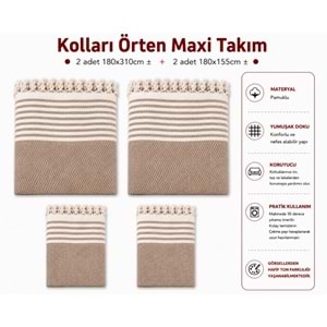 Pamuklu Kaymaz Hasır Dokuma Kolları Örten Maxi Takım Koltuk Örtüsü (3+3+1+1) - Sütlü Kahve