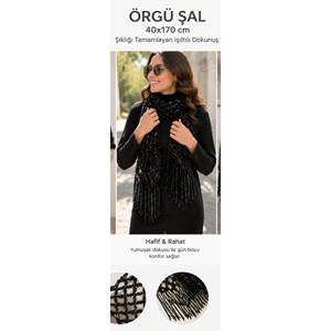 Mandaş el örgü omuz şalı 40*170 Siyah