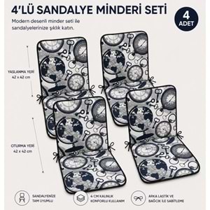 4 Adet Rattan Arkalıklı Sandalye Minderi (Kalınlık 4cm)-Saat Desen Lacivert