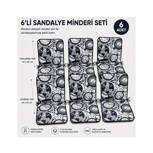 6 Adet Rattan Arkalıklı Sandalye Minderi (Kalınlık 4cm)-Saat Desen Lacivert
