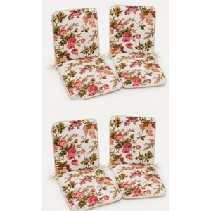 4 Adet Rattan Arkalıklı Sandalye Minderi (Kalınlık 4cm)-İngiliz Gülü (Pamuklu Kumaş)