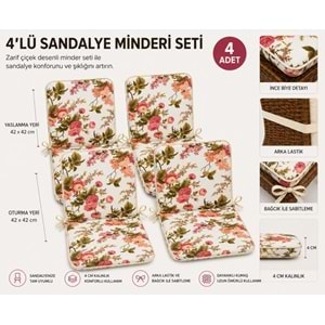 4 Adet Rattan Arkalıklı Sandalye Minderi (Kalınlık 4cm)-İngiliz Gülü (Pamuklu Kumaş)