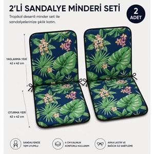 2 Adet Rattan Arkalıklı Sandalye Minderi (Kalınlık 4cm)-Tropikal Yeşil