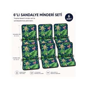 6 Adet Rattan Arkalıklı Sandalye Minderi (Kalınlık 4cm)-Tropikal Yeşil