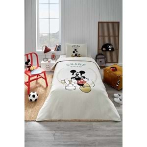Özdilek Lisanslı Lastikli Çarşaflı Tek Kişilik Çocuk Pike Takımı-Mickey Mouse Champ Krem