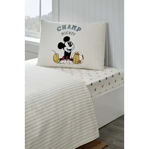 Özdilek Lisanslı Lastikli Çarşaflı Tek Kişilik Çocuk Pike Takımı-Mickey Mouse Champ Krem