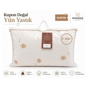 Kupon 2li Doğal Yün Yastık 2x900gr Çantalı (50x70)