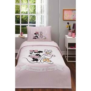 Özdilek Lisanslı Lastikli Çarşaflı Tek Kişilik Çocuk Pike Takımı-Minnie ve Daisy Pembe