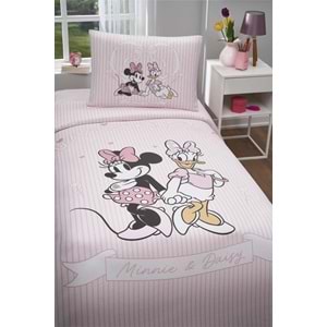 Özdilek Lisanslı Lastikli Çarşaflı Tek Kişilik Çocuk Pike Takımı-Minnie ve Daisy Pembe
