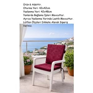 6 Adet Premium Şönil Arkalıklı Sandalye Minderi, Extra Kalın (Kalınlık 4,5cm)-Bordo Düz