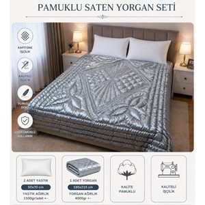 Babaanne Yastık ve Yorgan Seti, El Yapımı Çift Kişilik Pamuklu Yastık ve Yorgan (195x215)-Gri