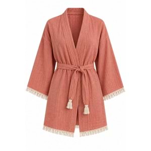 Kimono Müslin 2 Katlı Peştemal Bornoz (Beden S-M) - Mercan