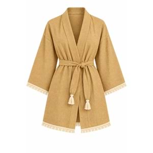 Kimono Müslin 2 Katlı Peştemal Bornoz (Beden S-M) - Sarı