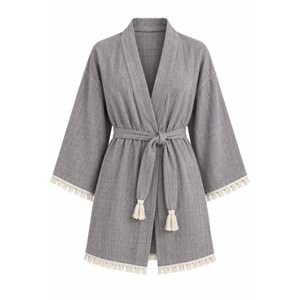 Kimono Müslin 2 Katlı Peştemal Bornoz (Beden L-XL) - Gri
