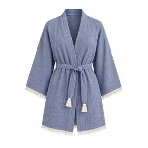 Kimono Müslin 2 Katlı Peştemal Bornoz (Beden L-XL) - İndigo