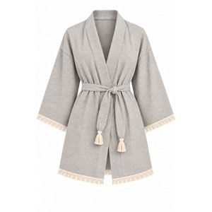 Kimono Müslin 2 Katlı Peştemal Bornoz (Beden L-XL) - Silver (Gri)