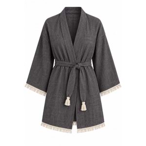 Kimono Müslin 2 Katlı Peştemal Bornoz (Beden L-XL) - Siyah