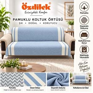 Özdilek Pamuklu Kaymaz Zigzag Koltuk Örtüsü (3+3) - İndigo