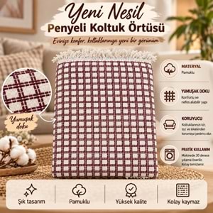 Yeni Nesil Penyeli Pamuklu Maxi Boy Kolları Kapatan Kaymaz Koltuk Örtüsü (170x300) - Kreme Bordo
