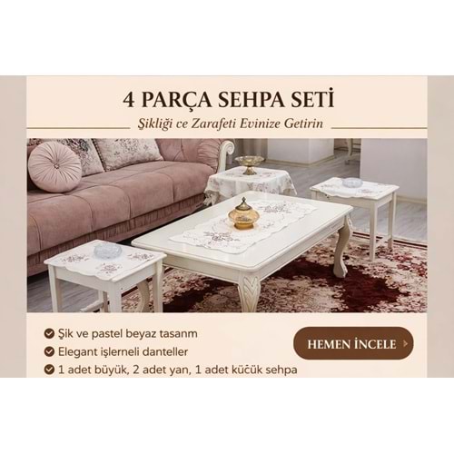 Maraş İşi Nakış İşlemeli Sehpa Seti 4 Parça Krem/