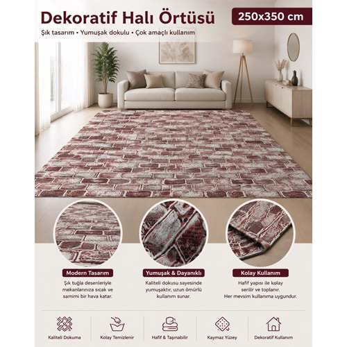 korkmaz mensucat lastiksiz halı örtüsü 9m2 (250*350) T1 Bordo