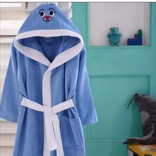 KIDS & BEYBİ çocuk pamuk kapşonlu bornozu 6-7 yaş mavi