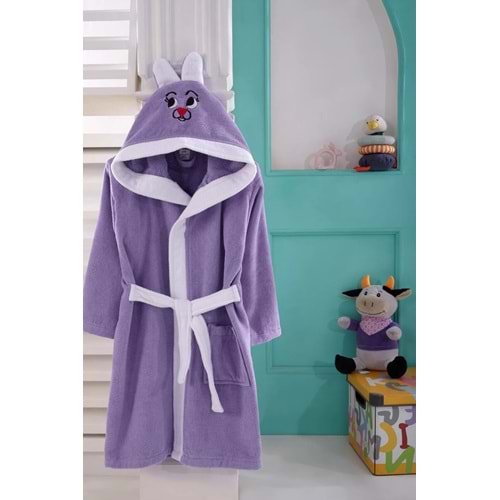 KIDS & BEYBİ çocuk pamuk kapşonlu bornozu 6-7 yaş lila