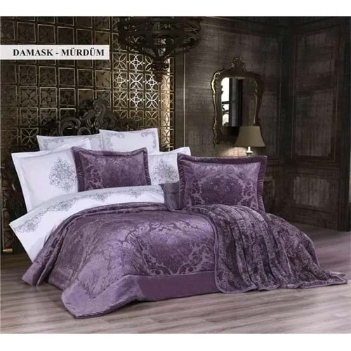Ecosse 10 Parça Çeyiz Seti (Battaniye+Nevresim Takımı+Yatak Örtüsü)-Damask Mürdüm