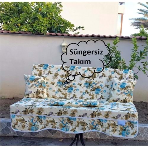 Süngersiz 3 Kişilik Salıncak Minder Seti (Pamuklu Kumaş)-İngiliz Gülü Mavi