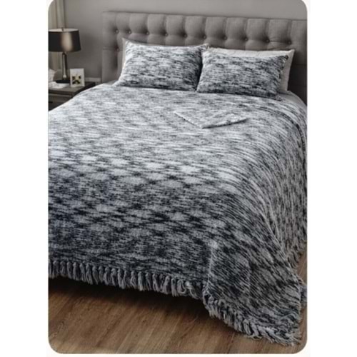 Tavşan Tüyü Peluş El Dokuma Yumuşak Dokulu Çift Kişilik Yatak Örtüsü (280x260)-Siyah Beyaz