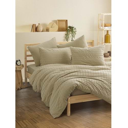 Cotton Box Crepe Lastikli Çarşaflı Lüks Penye Çift Kişilik Nevresim Takımı-Bej