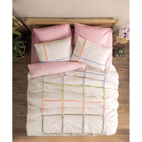 Cotton Box Puff Nakışlı Çift Kişilik Nevresim Takımı Insule Pudra GÜL KURUSU