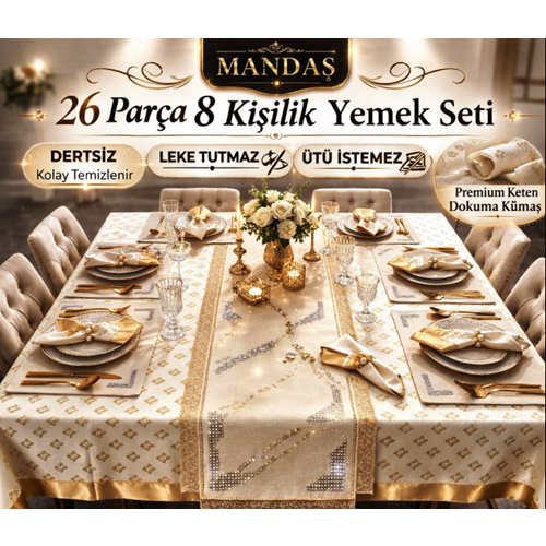 mandaş yemekteyiz yemek seti boncuk işlemeli 26 parça krem