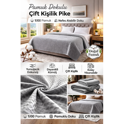Şaheser %100 Pamuk Çift Kişilik Pike 240x220 (Tek Pike)-Gri v2