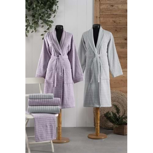 Pierre Cardin 6 Parça Jakarlı Aile Bornoz Seti-Wave Soft Lila Gri