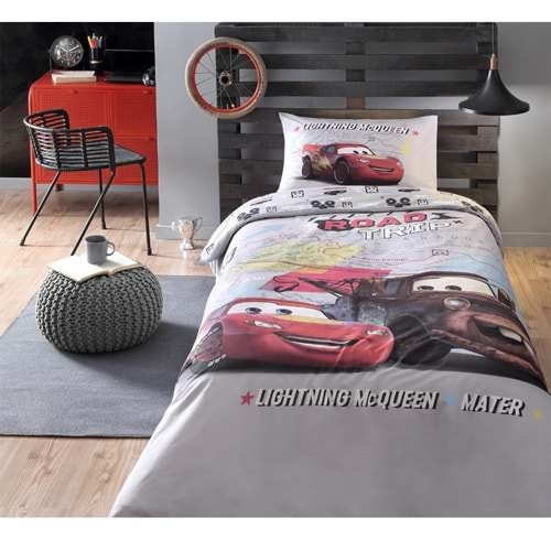 Özdilek Lisanslı Fitted Çarşaflı Tek Kişilik Çocuk Nevresim Takımı-Şimşek Mcq Cars On The Road Gri
