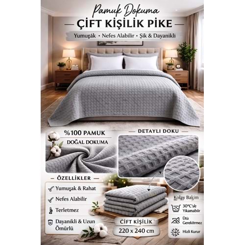 Şaheser %100 Pamuk Çift Kişilik Pike 240x220 (Tek Pike)-Gri v1
