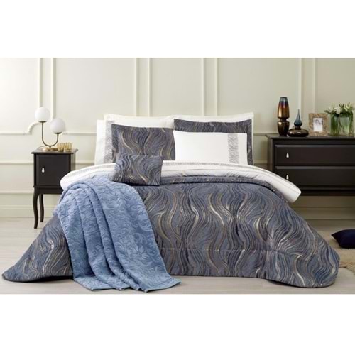 Özdilek 11 Parça Çeyiz Seti (Battaniye+Nevresim Takımı+Yatak Örtüsü)-Novella İndigo