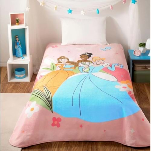 Taç Lisanslı Tek Kişilik Çocuk Battaniye (160x220)-Princess Fun Together