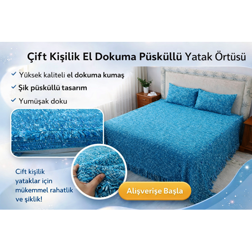 Tavşan Tüyü Peluş El Dokuma Yumuşak Dokulu Çift Kişilik Yatak Örtüsü (280x260)-mavi
