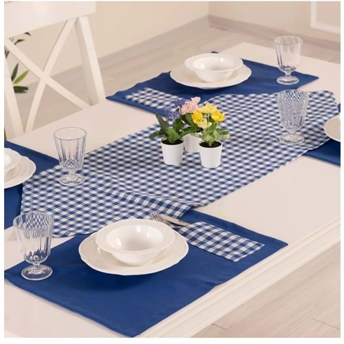 Tropik home Amerikan Servis Moena Dinner Runner Seti 6 Kişilik Set Mavi Ekose Desen Salon ve Masa Sunum Takımı