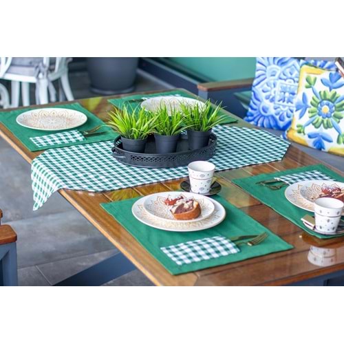 Tropik home Amerikan Servis Moena Dinner Runner Seti 6 Kişilik Set Yeşil Ekose Desen Salon ve Masa Sunum Takımı
