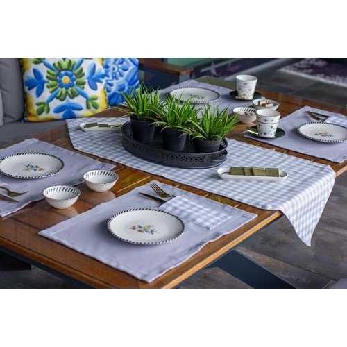 Tropik home Amerikan Servis Moena Dinner Runner Seti 6 Kişilik Set Pudra Ekose Desen Salon ve Masa Sunum Takımı